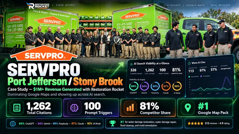 SERVPRO Port Jefferson / Stony Brook case study: $1M+ revenue generated with Restoration Rocket, number-one Google Map Pack and AI search visibility