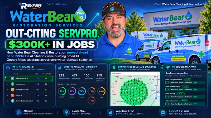 Water Bear Restoration case study: out-citing SERVPRO in AI citations, broad number-one Google Maps coverage, and $300K+ in jobs